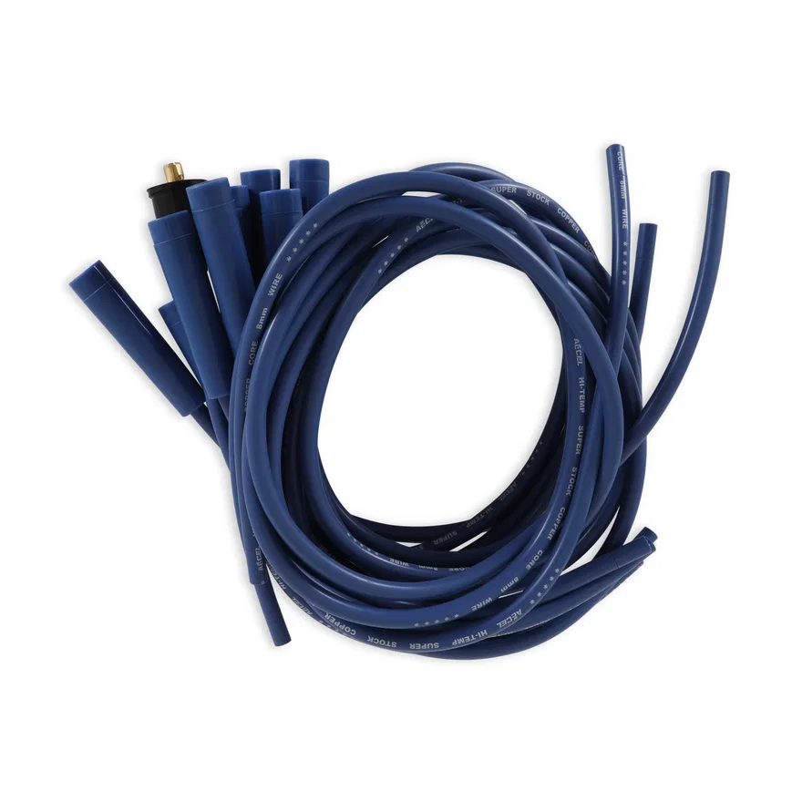 ACCEL 4038B, SuperStock 4000 Series V8 Wires, Copper Core, 8mm Blue w/Blue Straight Boots