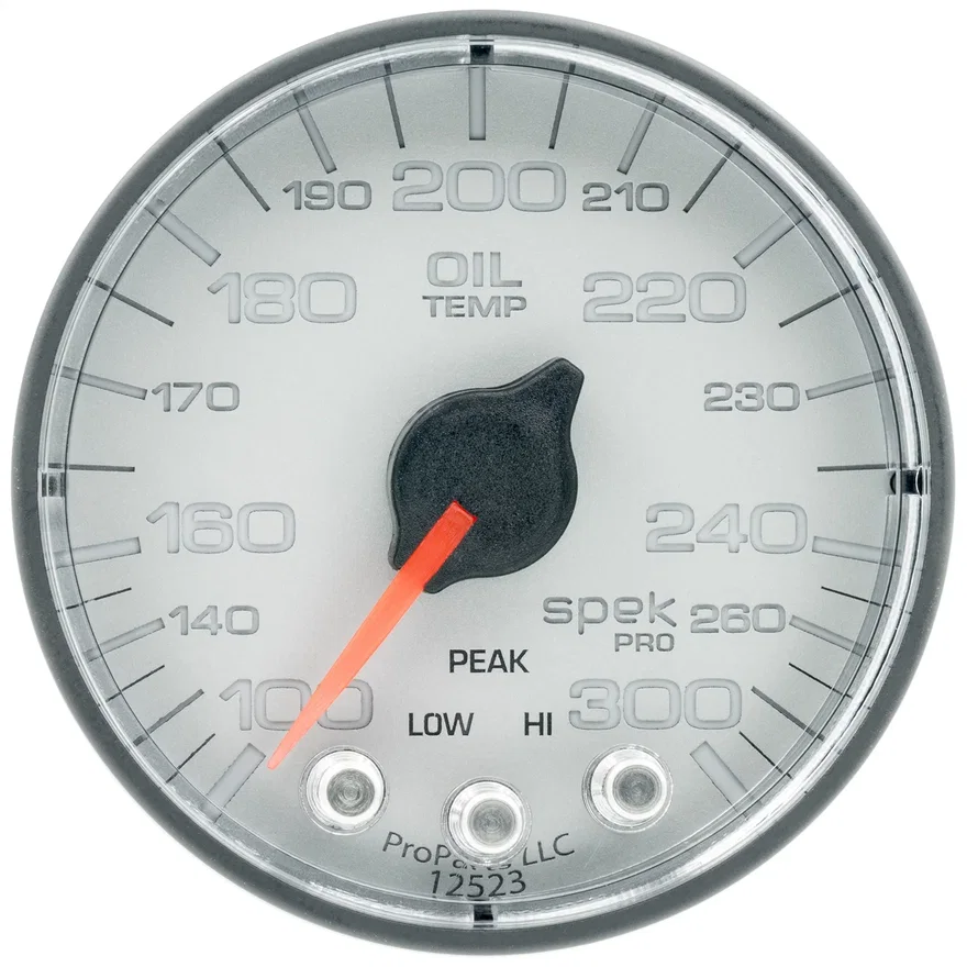 GAUGE; OIL TEMP; 2 1/16in.; 300deg.F; STEPPER MOTOR W/PEAK/WARN; SLVR/BLK; SPEK-