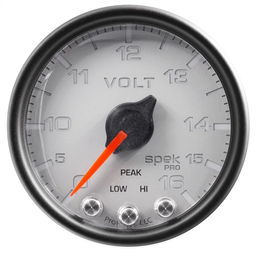 GAUGE; VOLTMETER; 2 1/16in.; 16V; STEPPER MOTOR W/PEAK/WARN; SLVR/BLK; SPEK-PRO