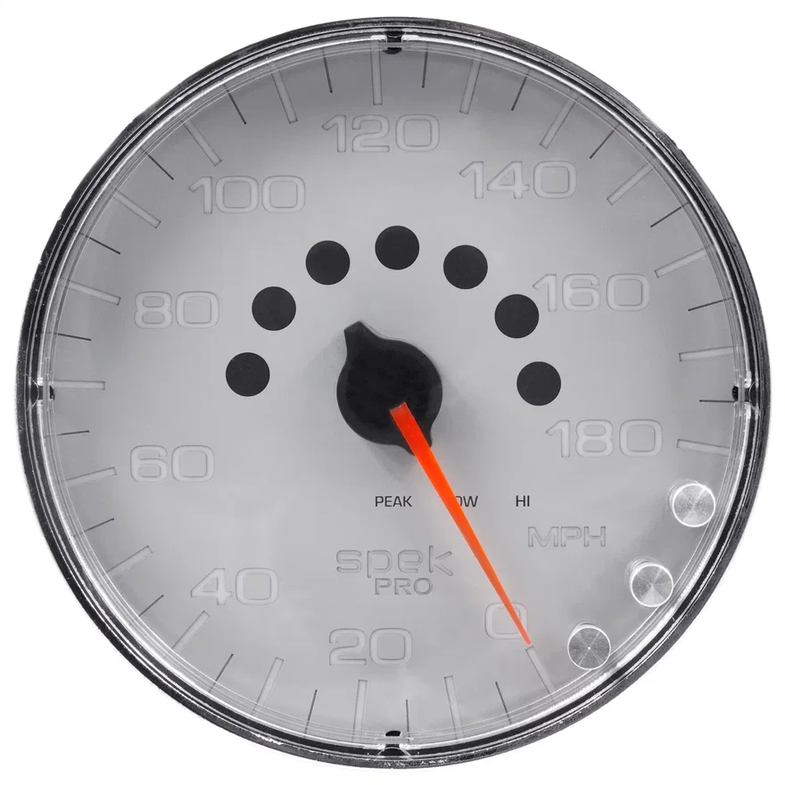 GAUGE; SPEEDOMETER; 5in.; 180 MPH; ELEC. PROGRAMMABLE; SILVER/CHROME; SPEK-PRO