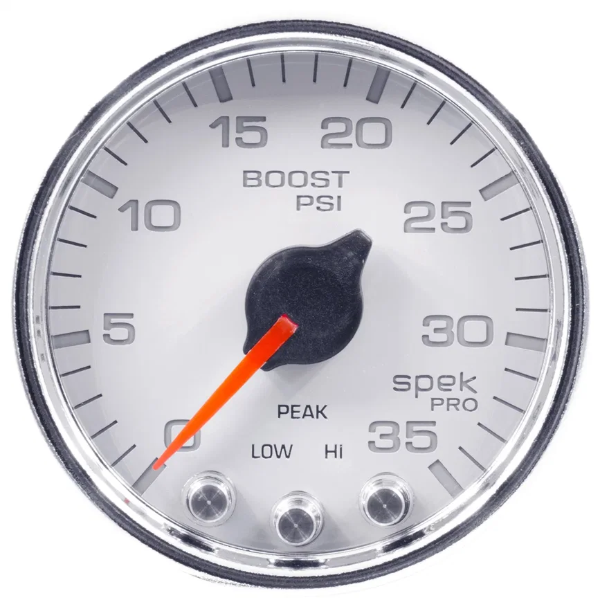AutoMeter P30311, GAUGE; BOOST; 2 1/16in.; 35PSI; STEPPER MOTOR W/PEAK/WARN; WHT/CHROME; SPEK-PRO