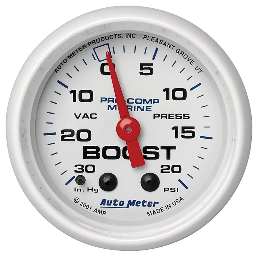 AutoMeter 200774, GAUGE; VAC/BOOST; 2 1/16in.; 30INHG-20PSI; MECHANICAL; MARINE WHITE