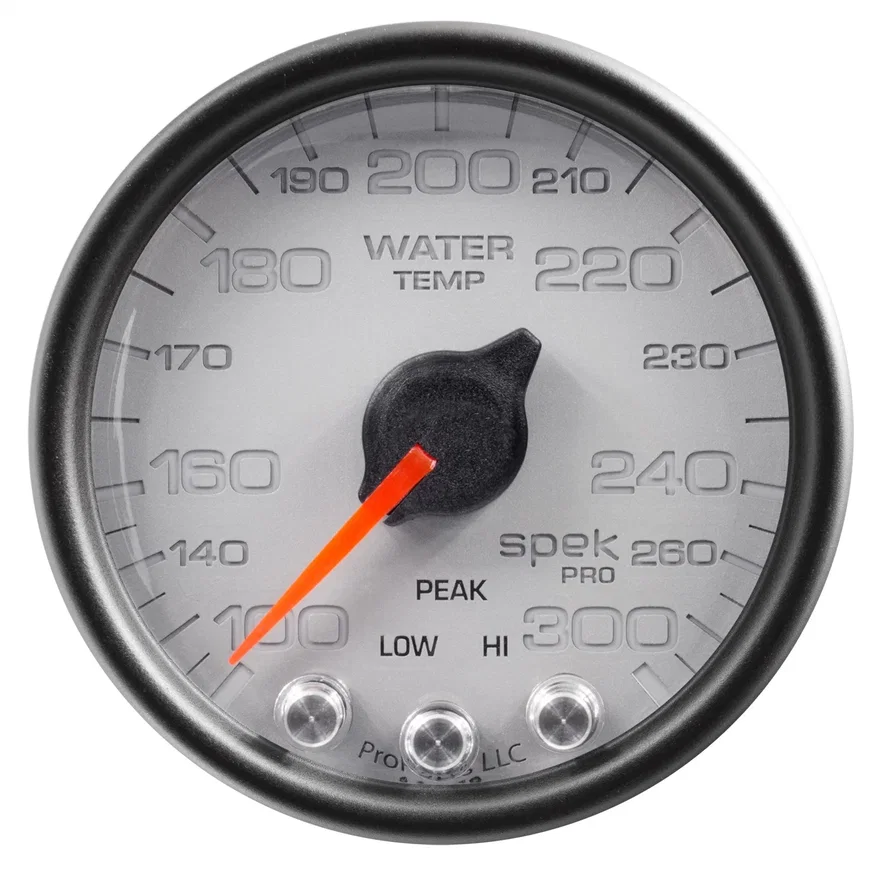 GAUGE; WATER TEMP; 2 1/16in.; 300deg.F; STEPPER MOTOR W/PEAK/WARN; SLVR/BLK; SPE
