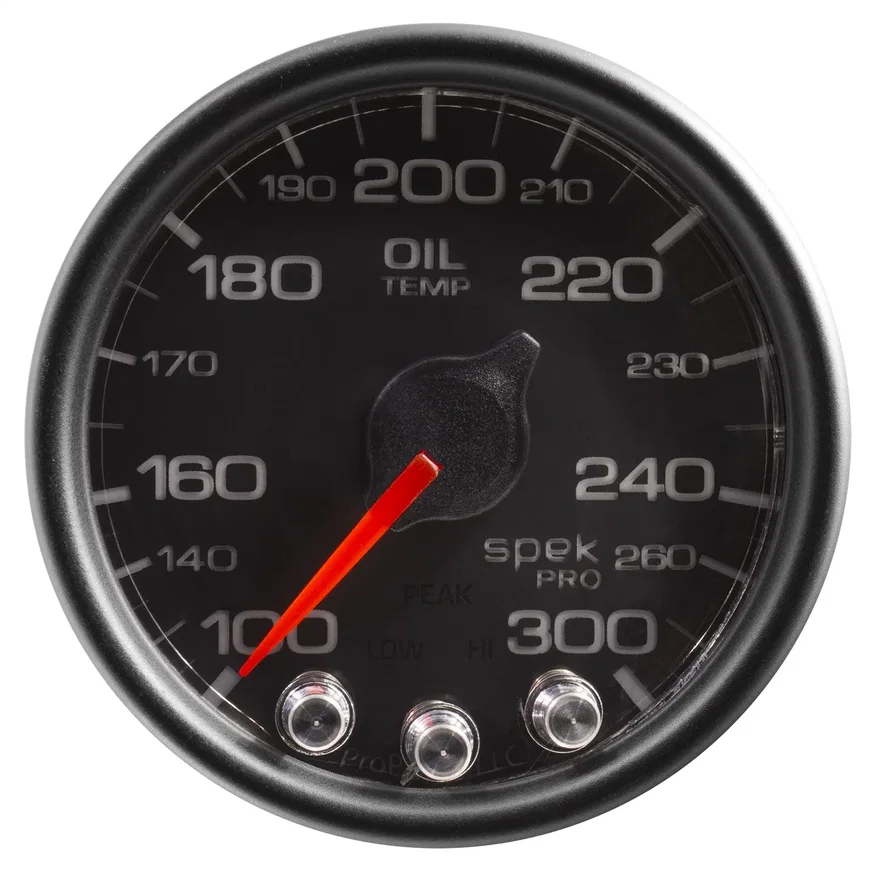 GAUGE; OIL TEMP; 2 1/16in.; 300deg.F; STEPPER MOTOR W/PEAK/WARN; BLK/BLK; SPEK-P