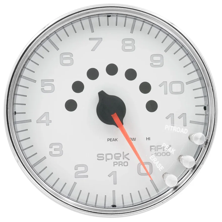 AutoMeter P23911, GAUGE; TACHOMETER; 5in.; 11K RPM; W/SHIFT LIGHT/PEAK MEM; WHITE/CHROME; SPEK-PRO