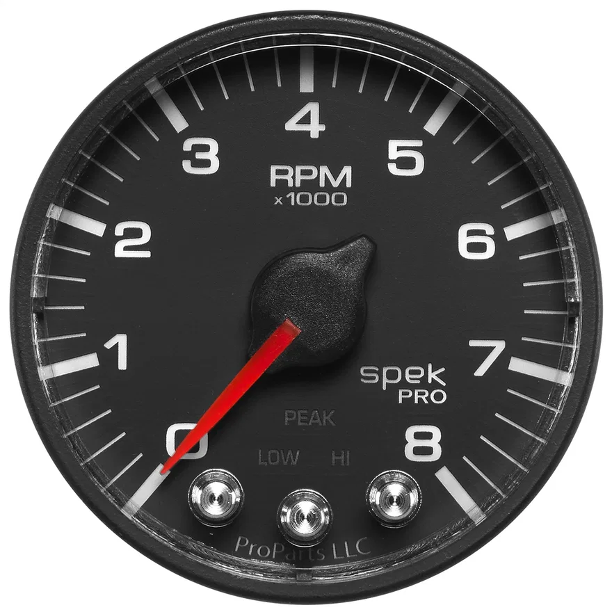 GAUGE; TACH; 2 1/16in.; 8K RPM; W/SHIFT LIGHT/PEAK MEM; BLK/BLK; SPEK-PRO