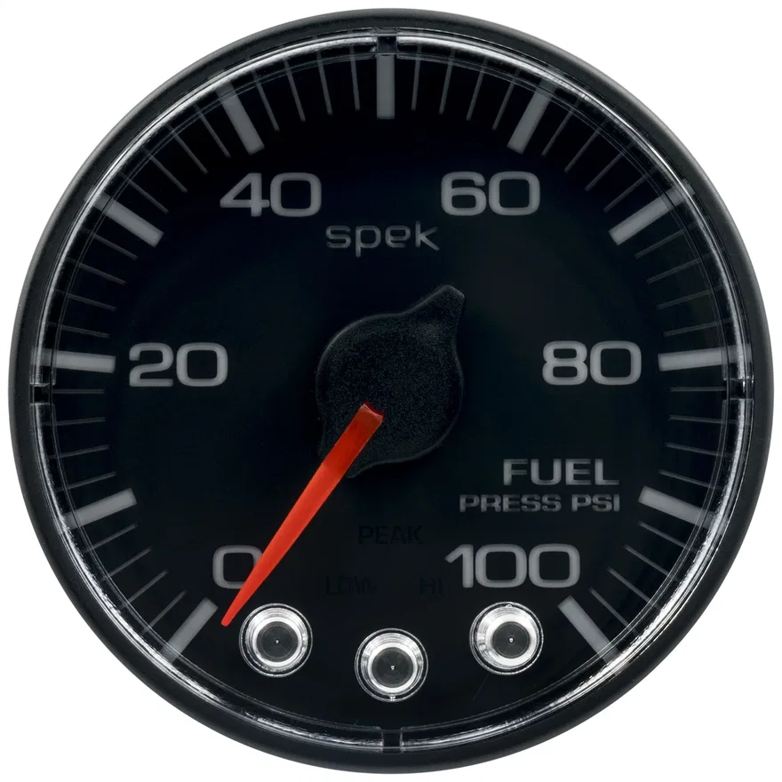 GAUGE; FUEL PRESS; 2 1/16in.; 100PSI; STPR MTR W/PK/WRN; BK/BK; SPEK; NO O-RING
