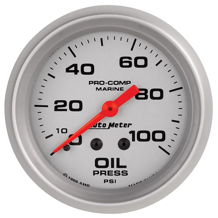 AutoMeter 200777-33, GAUGE; OIL PRESSURE; 2 5/8in.; 100PSI; MECHANICAL; MARINE SILVER