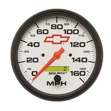 GAUGE; SPEEDOMETER; 5in.; 160MPH; ELEC. PROGRAMMABLE; CHEVY RED BOWTIE; WHITE image 1