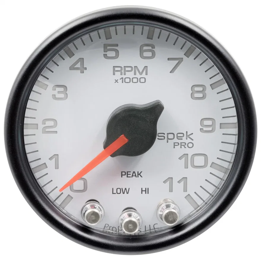 GAUGE; TACH; 2 1/16in.; 11K RPM; W/SHIFT LIGHT/PEAK MEM; WHT/BLK; SPEK-PRO