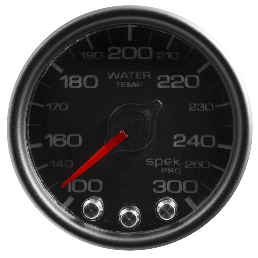 GAUGE; WATER TEMP; 2 1/16in.; 300deg.F; STEPPER MOTOR W/PEAK/WARN; BLK/BLK; SPEK