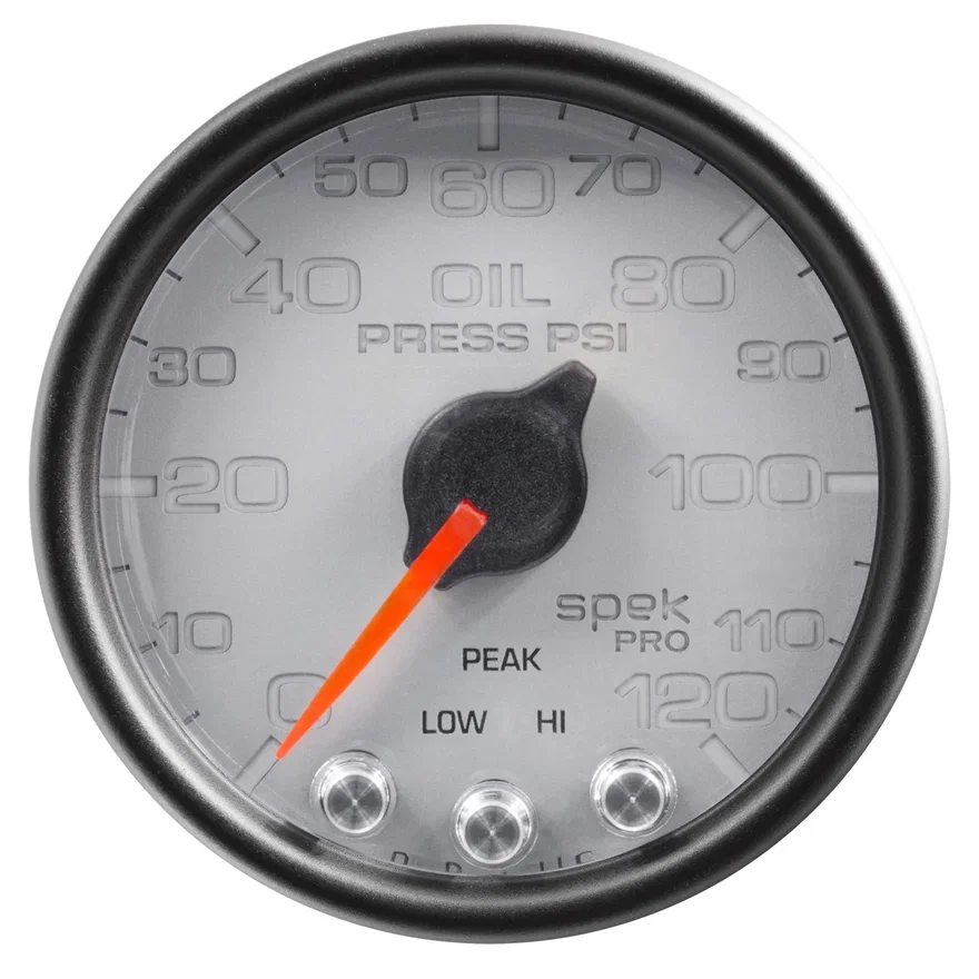 AutoMeter P32522, GAUGE; OIL PRESS; 2 1/16in.; 120PSI; STEPPER MOTOR W/PEAK/WARN; SLVR/BLK; SPEK
