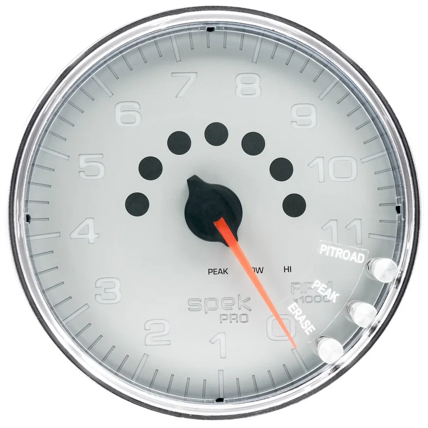 GAUGE; TACHOMETER; 5in.; 11K RPM; W/SHIFT LIGHT/PEAK MEM; SILVER/CHROME; SPEK