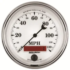 GAUGE; SPEEDOMETER; 3 3/8in.; 120MPH; ELEC. PROG. W/LCD ODO; OLD TYME WHT II image 1