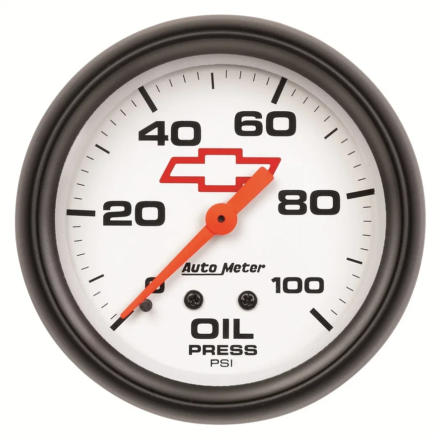 AutoMeter 5821-00406, GAUGE; OIL PRESSURE; 2 5/8in.; 100PSI; MECHANICAL; CHEVY RED BOWTIE; WHITE