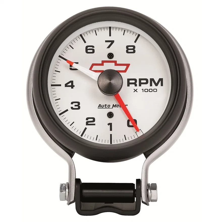 AutoMeter 5780-00406, GAUGE; TACHOMETER; 3 3/4in.; 8K RPM; PEDESTAL W/RED LINE; CHEVY RED BOWTIE; WHIT