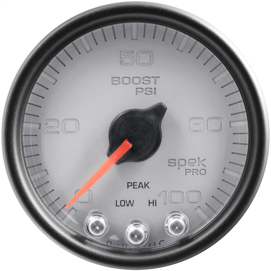 AutoMeter P30522, GAUGE; BOOST; 2 1/16in.; 100PSI; STEPPER MOTOR W/PEAK/WARN; SLVR/BLK; SPEK-PRO