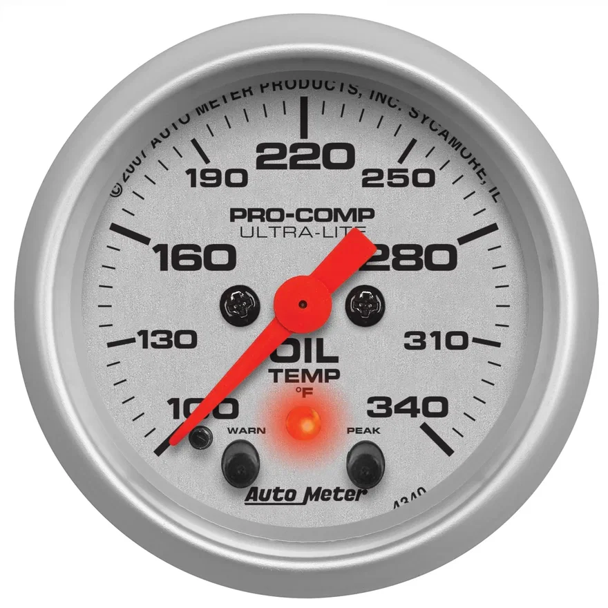 GAUGE; OIL TEMP; 2 1/16in.; 340deg.F; STEPPER MOTOR W/PEAK/WARN; ULTRA-LITE