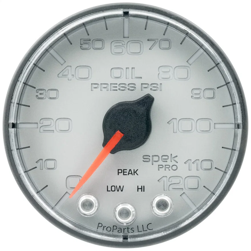 AutoMeter P325228, GAUGE; OIL PRESS; 2 1/16in.; 120PSI; STEPPER MOTOR W/PEAK/WARN; SLVR/BLK; SPEK