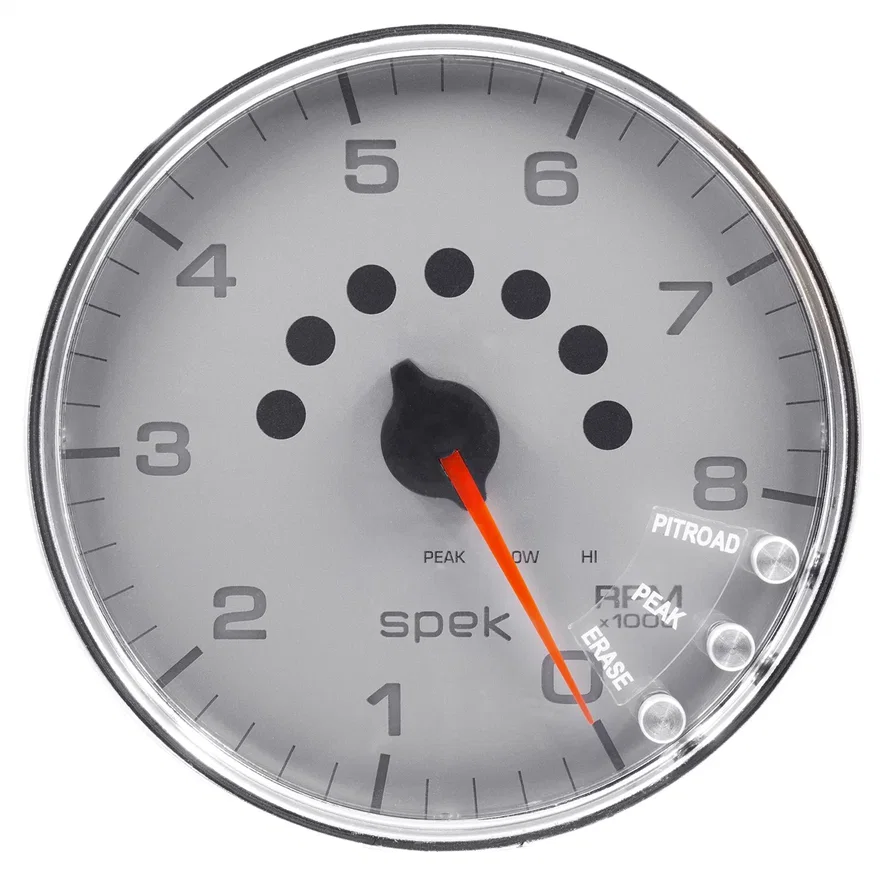 GAUGE; TACHOMETER; 5in.; 8K RPM; W/SHIFT LIGHT/PEAK MEM; SILVER/CHROME; SPEK-PRO