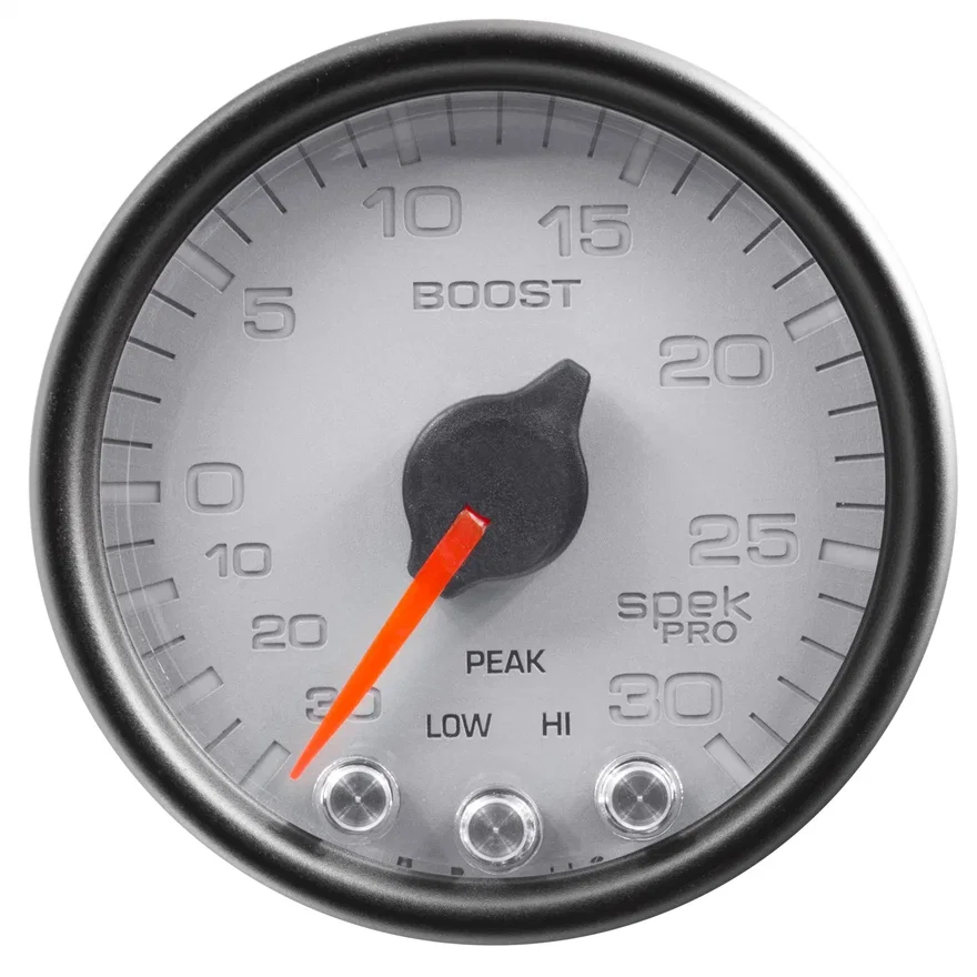 AutoMeter P30222, GAUGE; VAC/BOOST; 2 1/16in.; 30INHG-30PSI; STEPPER MTR W/PK/WRN;SLVR/BLK; SPEK