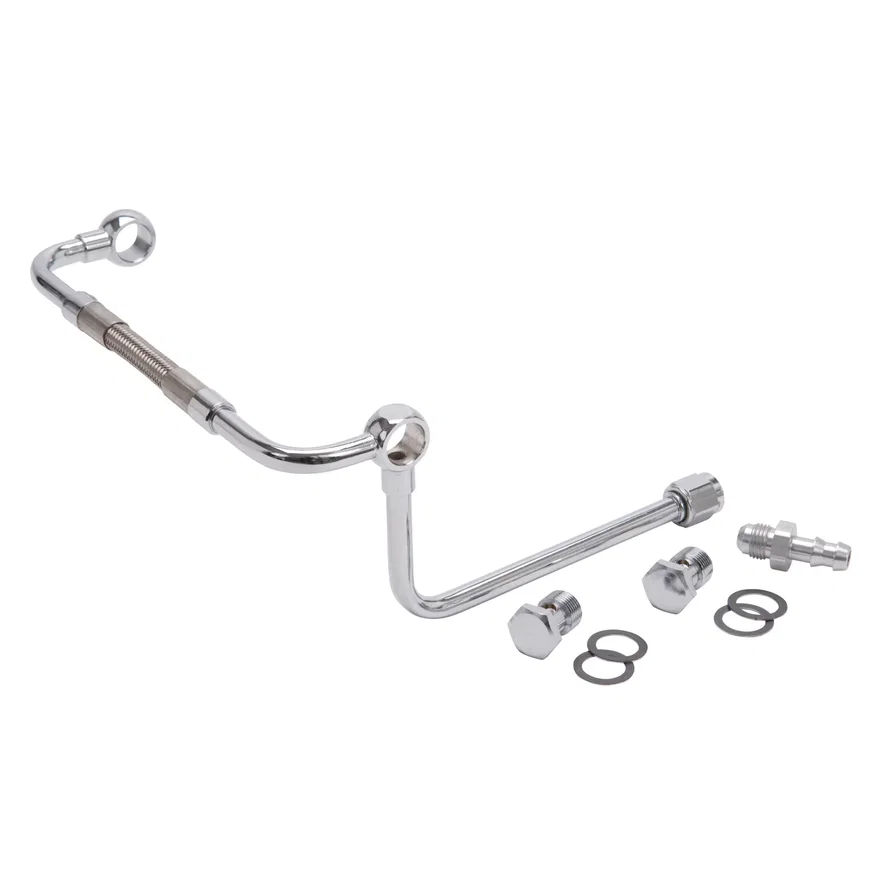 Edelbrock 8132, Chrome Dual-Feed Fuel Line Kit With No Fuel Filter And 3/8" Barbed End Inlet
