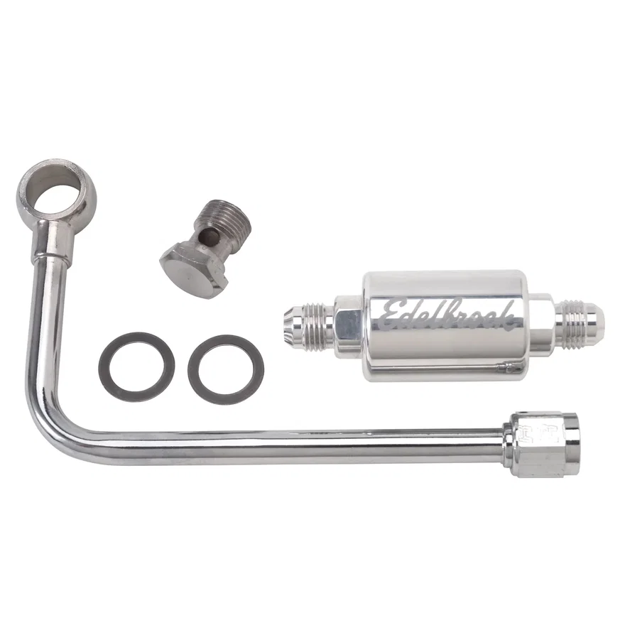 Edelbrock 8131, Chrome Single Feed Steel Fuel Line With Polished Filter