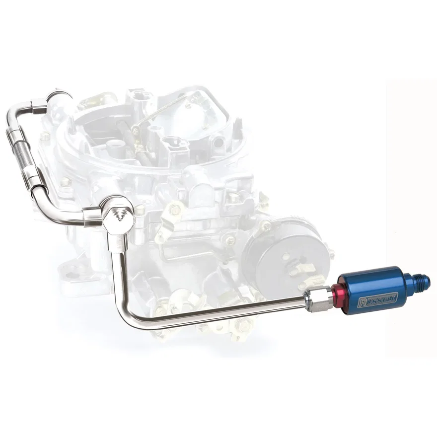 Edelbrock 8133, Chrome Dual-Feed Fuel Line Kit With Blue Anodized Aluminum Filter