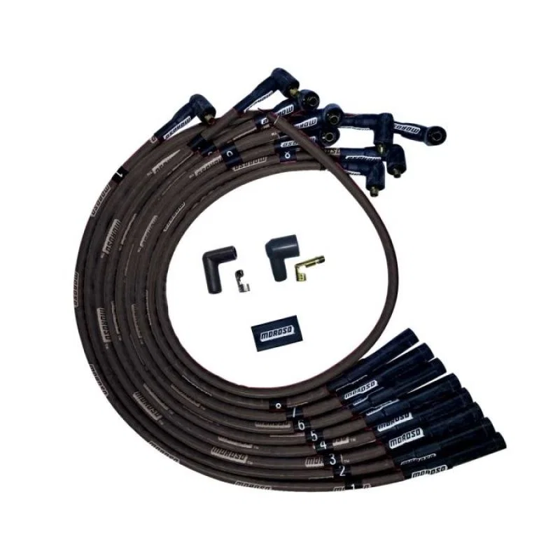 Moroso 51541, BBC Over Valve Cover Str Plug End Non-HEI Sleeved Ultra Spark Plug Wire Set - Black