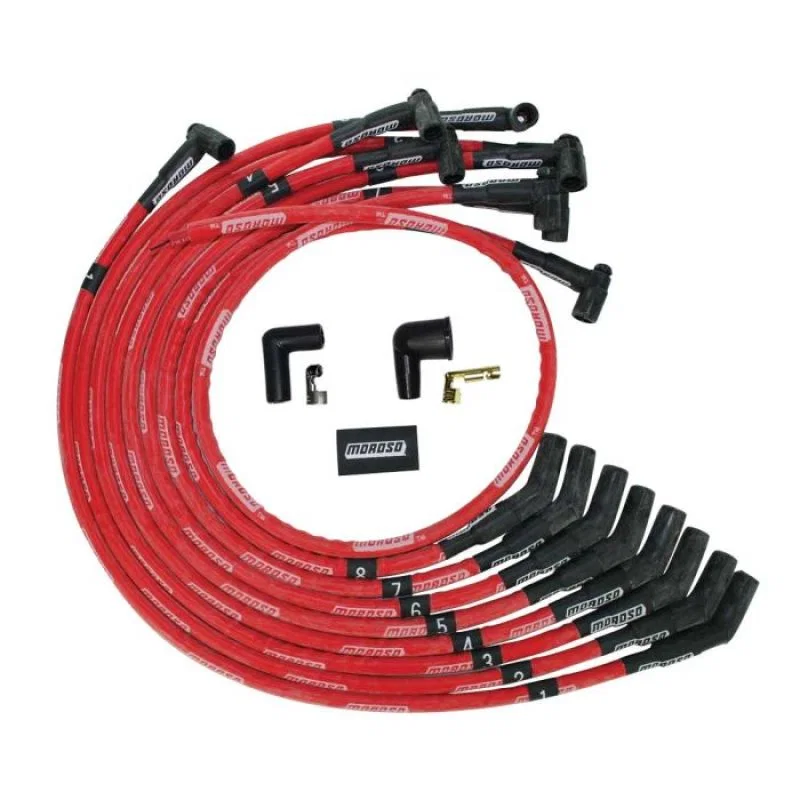 Moroso 52542, BBC Over Valve Cover 135 Deg Plug Boot HEI Sleeved Ultra Spark Plug Wire Set - Red