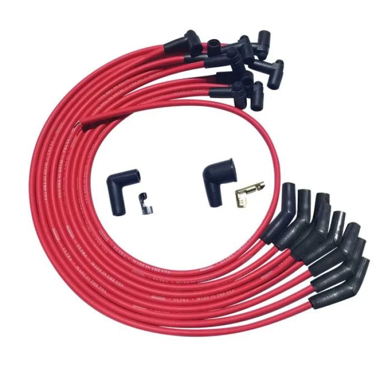 Moroso 52042, BBC Over Valve Cover 135 Deg Plug Ends HEI Ultra Spark Plug Wire Set - Red