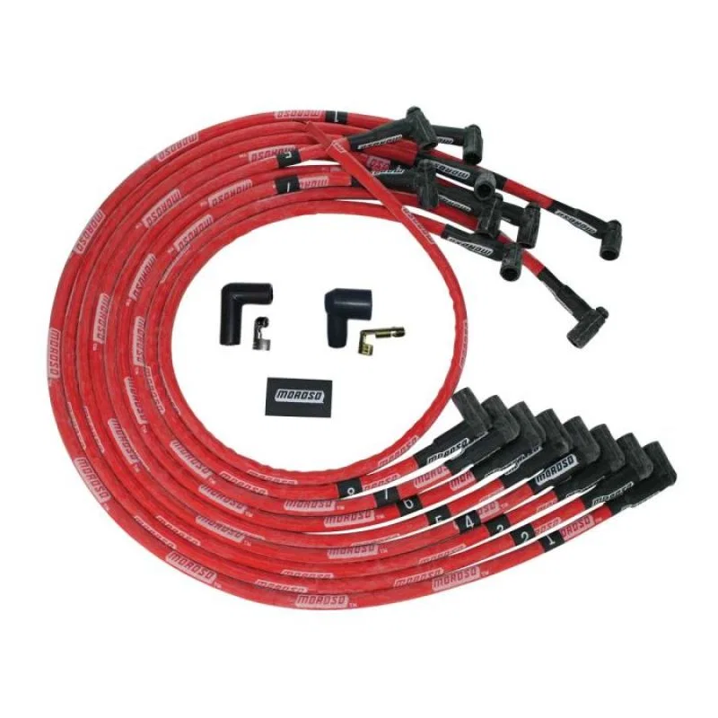 Moroso 52543, BBC Under Header 90 Deg Plug Boots HEI Sleeved Ultra Spark Plug Wire Set - Red