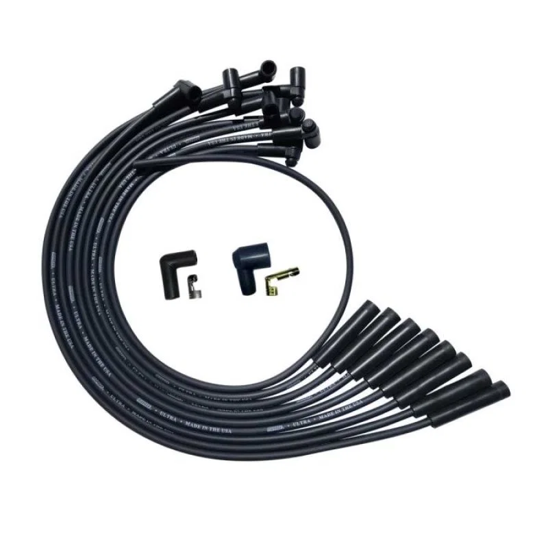 Moroso 51540, BBC Over Valve Cover Str Plug End HEI Sleeved Ultra Spark Plug Wire Set - Black