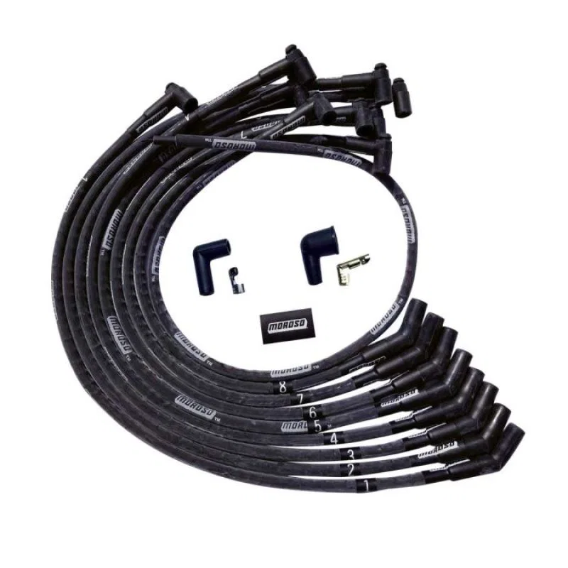 Moroso 51542, BBC Over Valve Cover 135 Deg Plug HEI Sleeved Ultra Spark Plug Wire Set - Black