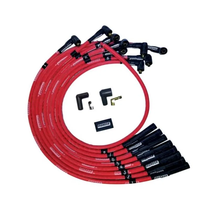 Moroso 52541, BBC Over Valve Cover Str Plug Boots Non-HEI Sleeved Ultra Spark Plug Wire Set - Red