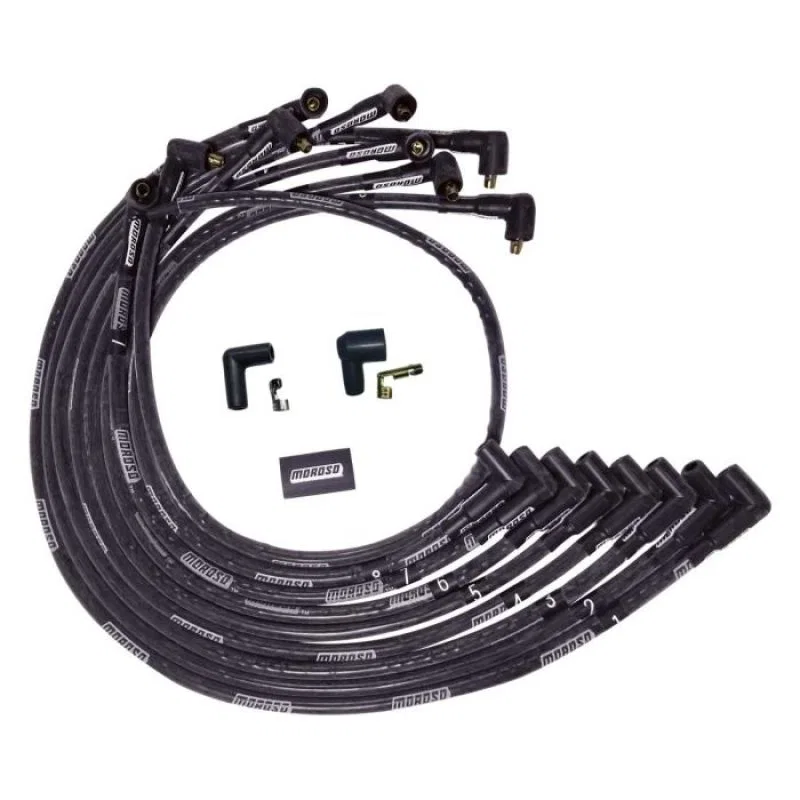 Moroso 51544, BBC Under Header 90 Deg Plug End Non-HEI Sleeved Ultra Spark Plug Wire Set - Black
