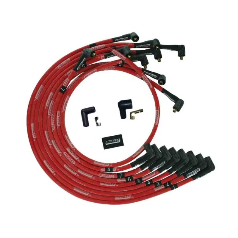 Moroso 52544, BBC Under Header 90 Deg Plug Boots Non-HEI Sleeved Ultra Spark Plug Wire Set - Red