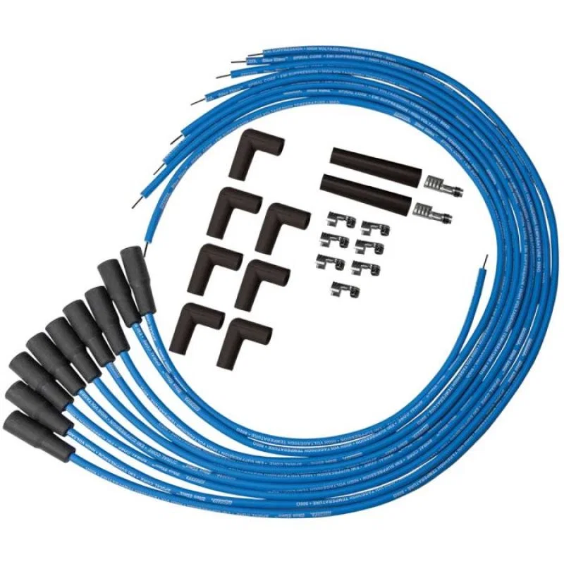Moroso 73210, Universal Ignition Wire Set - Blue Max - Spiral Core - Unsleeved - 90 Degree - Blue