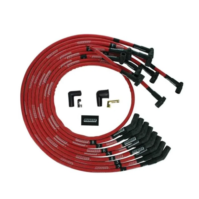 Moroso 52545, BBC Under Header 135 Deg Plug Boot HEI Sleeved Ultra Spark Plug Wire Set - Red