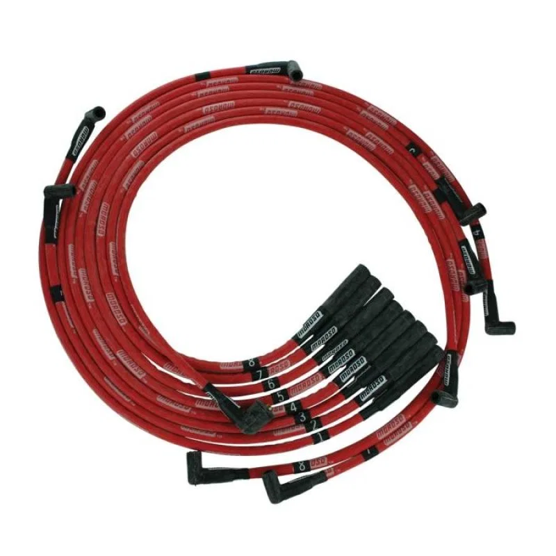 Moroso 52560, BB Chrysler Mopar 361/383/400/440 Str Plug Boots HEI Sleeved Ultra Spark Plug Wire Set - Red