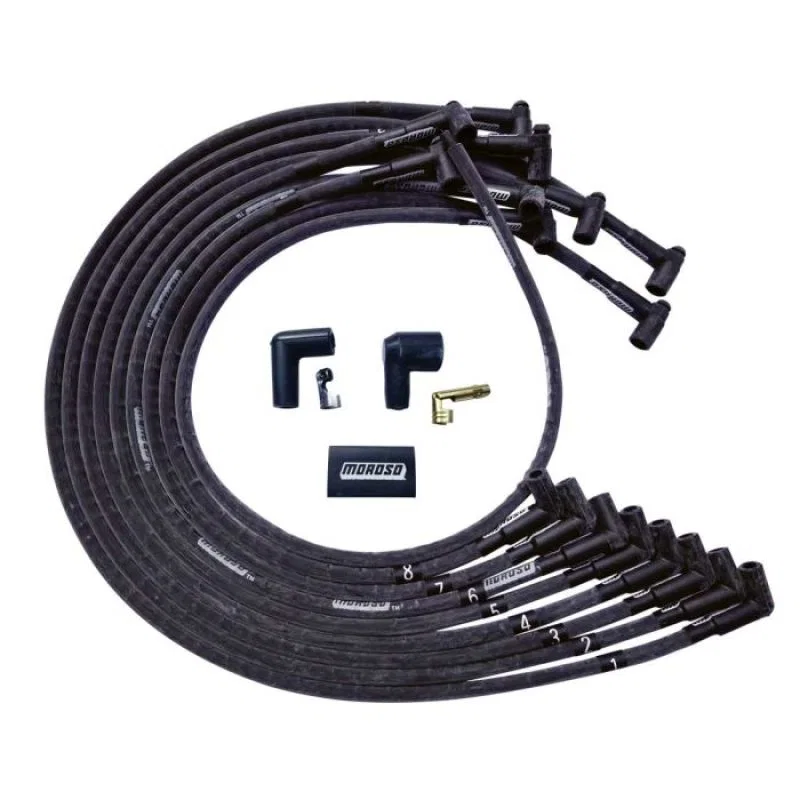 Moroso 51543, BBC Under Header 90 Deg Plug End HEI Sleeved Ultra Spark Plug Wire Set - Black