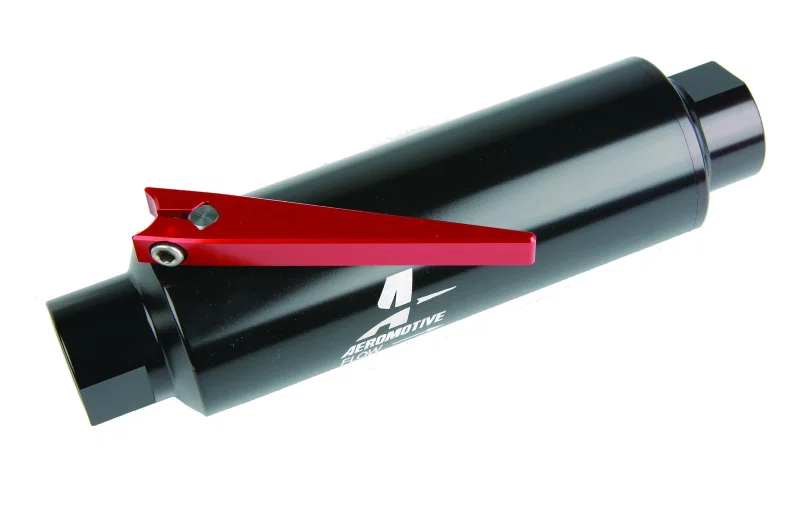 Aeromotive 12331, In-Line AN-10 Filter w/Shutoff Valve 100 Micron SS Element - Black Anodize Finish