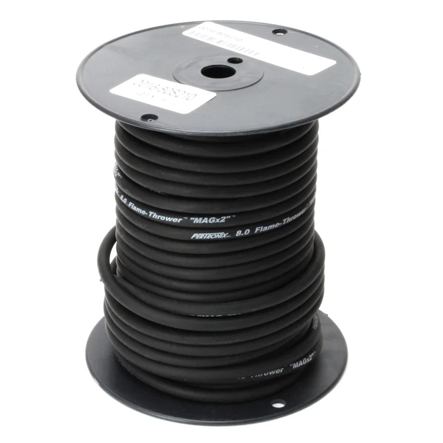 Pertronix 80S210, Flame-Thrower Spark Plug Wire 8mm Black with White Script 100 Foot Spool