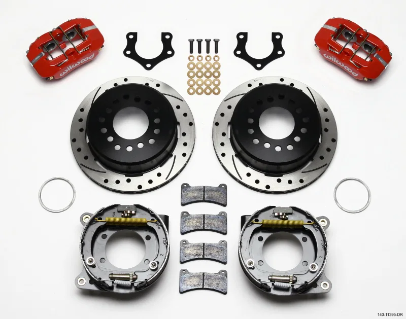 Wilwood 140-11395-DR, Dynapro Low-Profile 11.00in P-Brake Kit Drill-Red Mopar/Dana 2.36in Off w/Snap Ring Bearing