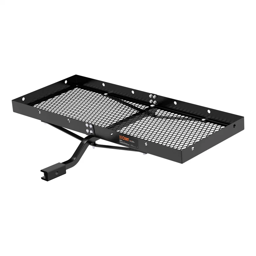 CURT 18110, 48in. x 20in. Black Steel Tray Cargo Carrier (1-1/4in.; 2in. Adapter; 300 lbs.)