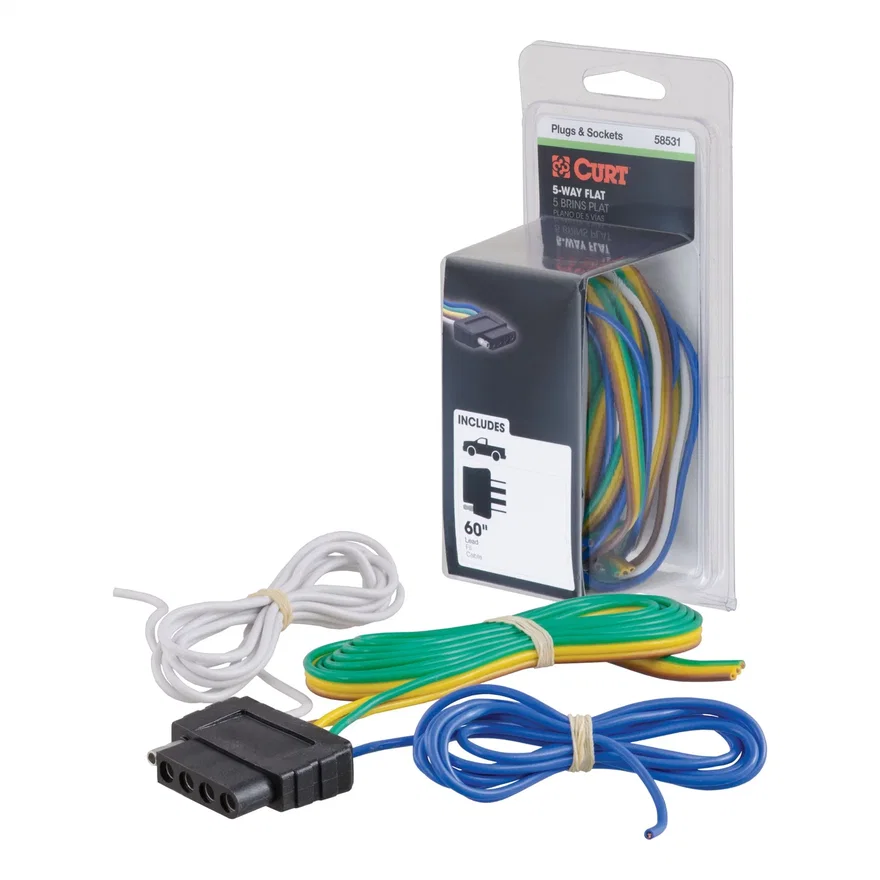 CURT 58531, 5-Way Flat Connector Socket with 60in. Wires (Vehicle Side; Packaged)