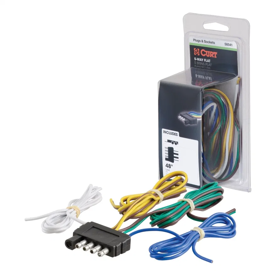 CURT 58541, 5-Way Flat Connector Plug with 48in. Wires (Trailer Side; Packaged)
