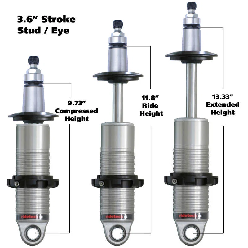Ridetech 24139905, HQ Series CoilOver Shock 3.6in Travel 2.5in Coil Eye/Stud Mounting 9.425inx13.025in
