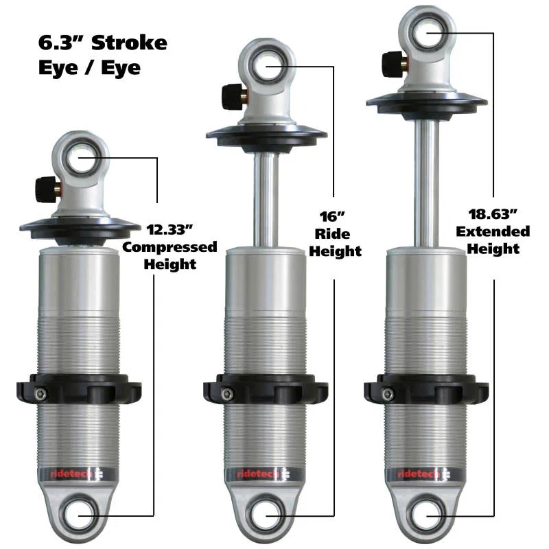 Ridetech 24169901, HQ Series CoilOver Shock 6.3in Travel 2.5in Coil Eye/Eye Mounting 12.325inx18.625in