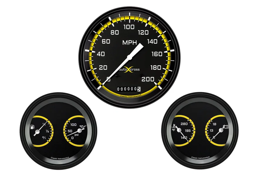 Classic Instruments AX64YBLF, AutoCross Yellow 5" Speedometer with Two 3" Gauges GM